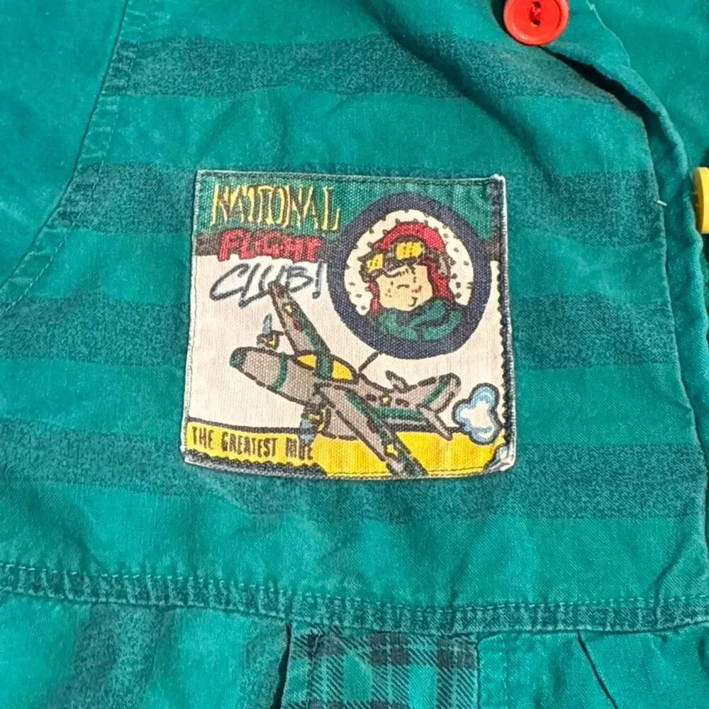 Vintage Broadway Kids Airplane Patch Plaid One Piece Romper Green Made in USA